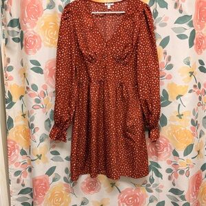 Chic Long Sleeve Rust Polka Dot Dress